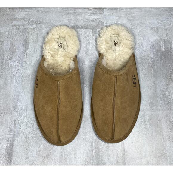 UGG Scuff Slippers Mens Size 13 Chestnut Suede Sheepskin Shearling Lined Slip On - Picture 1 of 9